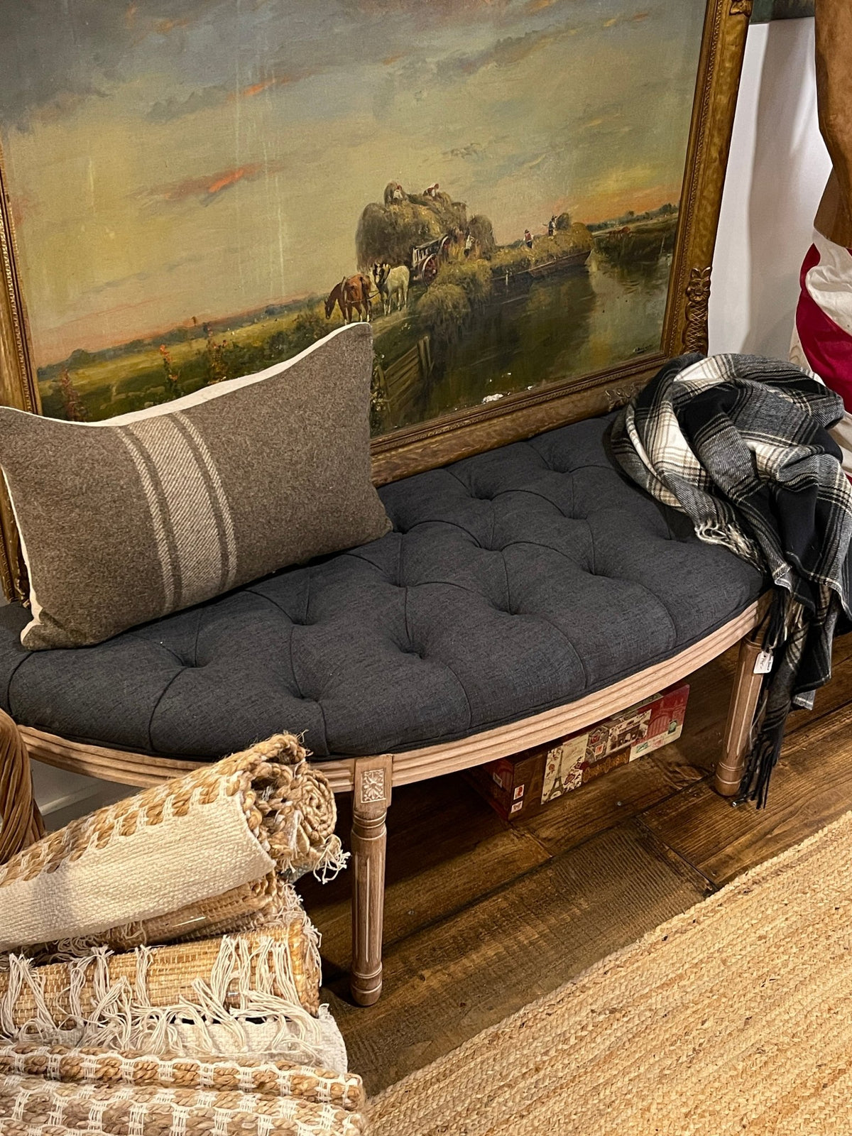 Vintage-Style Tufted Charcoal Upholstered Bench with Carved Wood Frame | French Country & Modern Farmhouse – Furniture by The Olde 1840