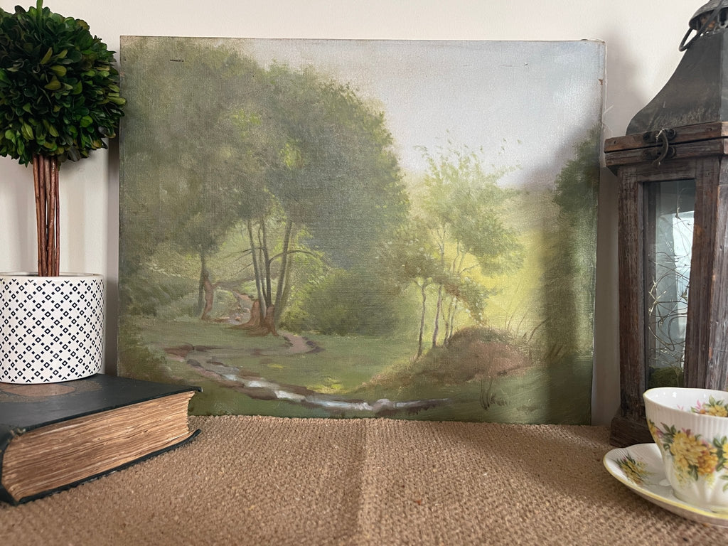 Vintage Unsigned Oil Painting on Canvas, Impressionist Landscape with Stream & Green Trees – Wall Décor by The Olde 1840