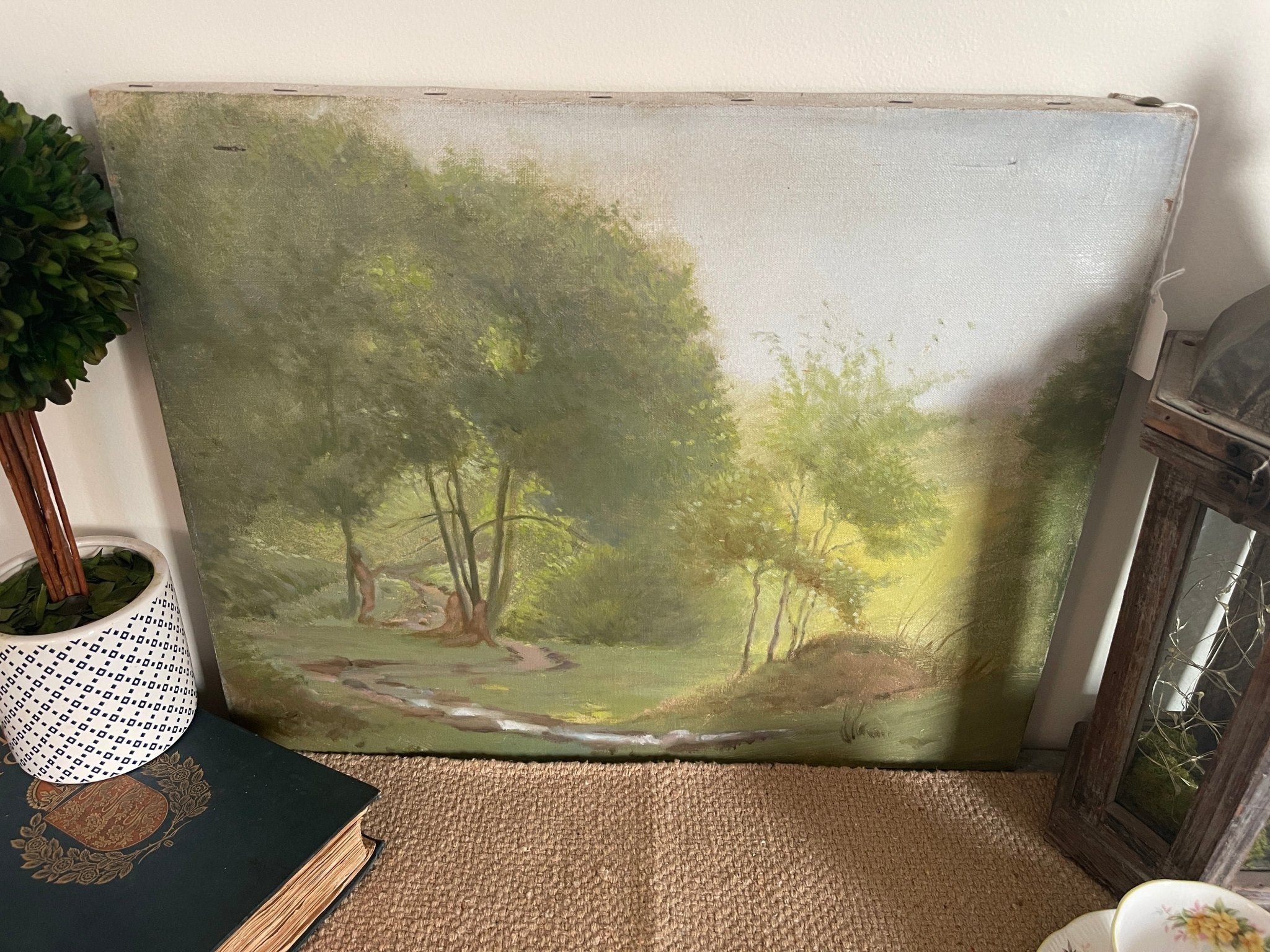 Vintage Unsigned Oil Painting on Canvas, Impressionist Landscape with Stream & Green Trees – Wall Décor by The Olde 1840